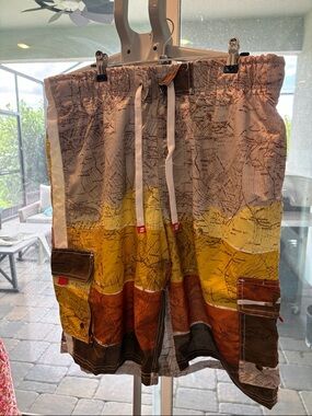 Men’s Colorblock Map-Print Cargo Swim Shorts - Yellow, Brown, Orange sz XXL